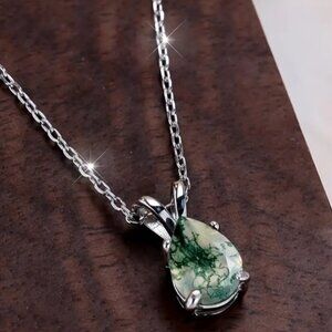 Moss Agate Necklace 925 Silver Pear Shaped Stone NWT
